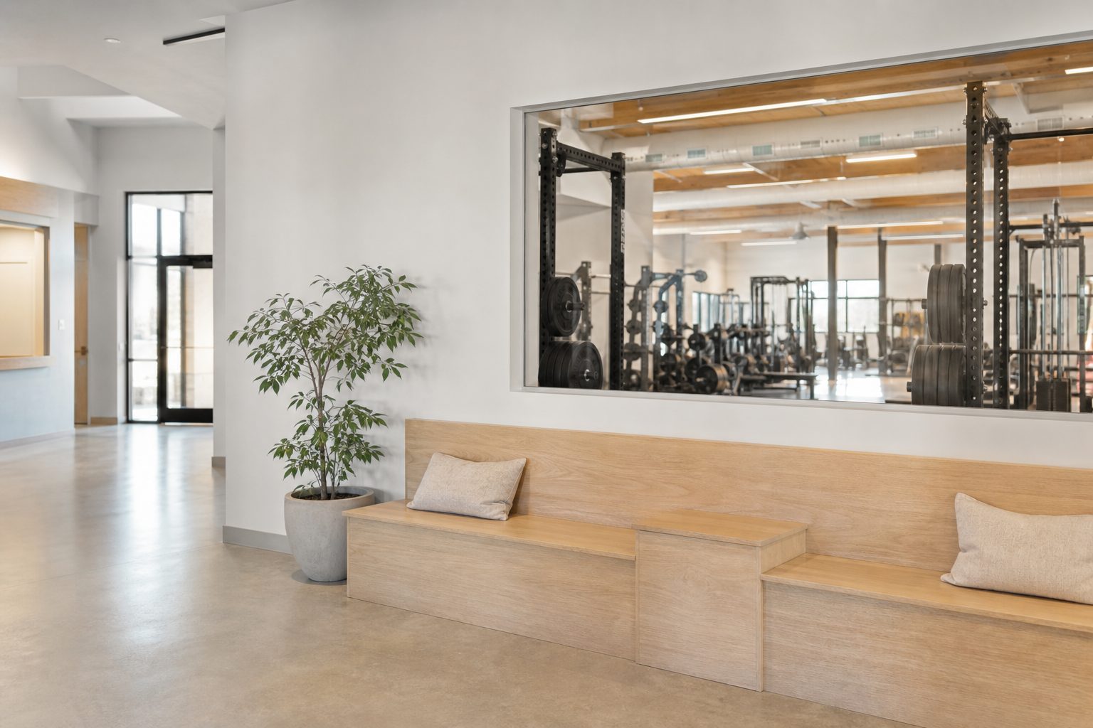 Bright gym lobby with a viewing window looking onto the training floor