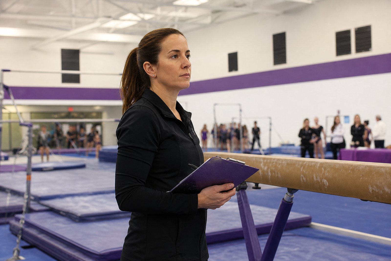 A gymnastics coach holding a clipboard beside a balance beam in a bright competitive gym with mats and uneven bars
